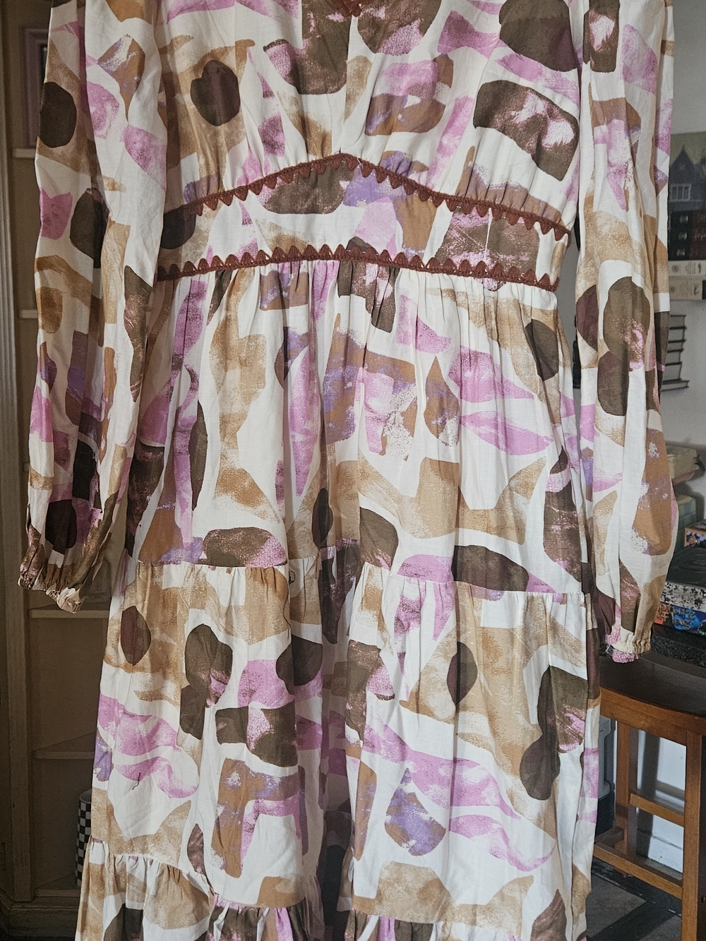 Women's Long Sleeve Printed Maxi Dress in Pink, Brown & Cream Worn Once